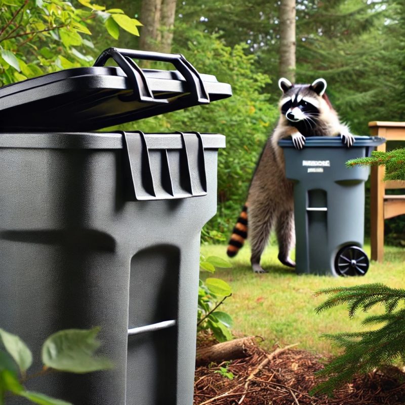 cartoonish raccoon attempts to break in to unsecure trash can