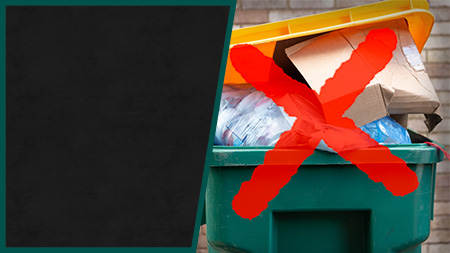 image shows overflowing bins with cardboard boxes and a recycling bag