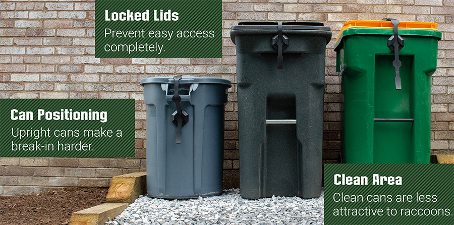Three strong strapped cans of different sizes against a brick wall to show upright positioning, locked lids, and a clean area