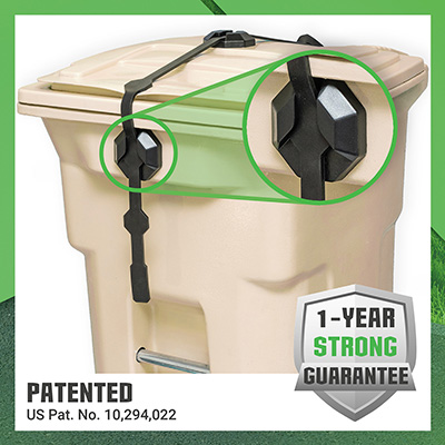 patented-waste-cart-latching-strap shows a zoomed in section focusing on the patented latch and method of use