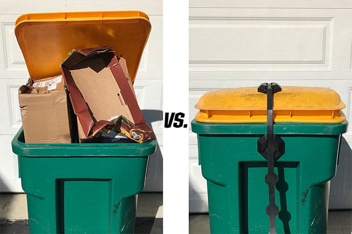 unstrapped can with open lid and overflowing cardboard versus the same can with a Strong Strap and a closed lid