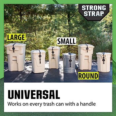 universal-garbage-can-lock-small-large-adjustable-rubber-strap Shows the Strong Strap on six different cans, large or small, hinger or round lid, metal or plastic